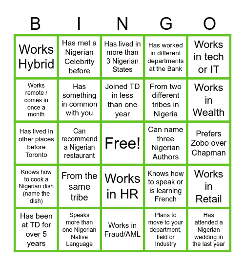 TD NAIJA Downtown Toronto Meet Up Bingo Card