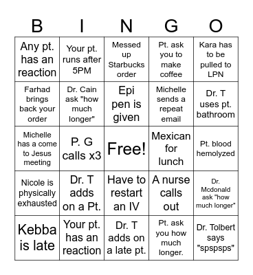 Nurse Bingo Card