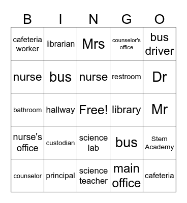 People/Places in school Bingo Card