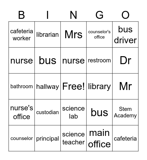 People/Places in school Bingo Card