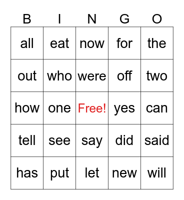 Sight Words Bingo Card