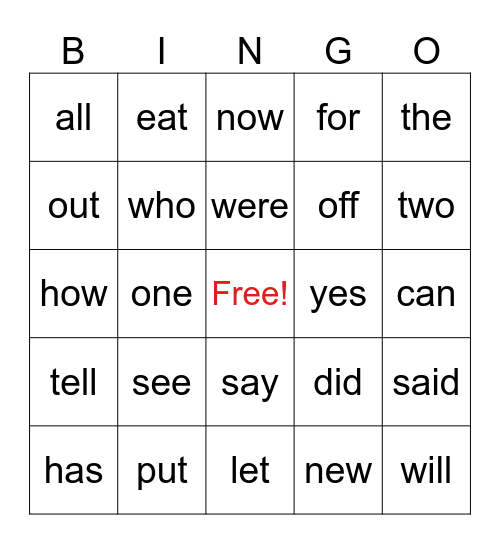 Sight Words Bingo Card