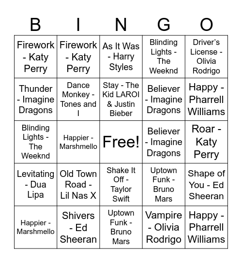 Music Bingo Card