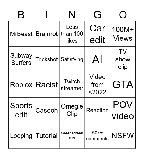 SHORTS Bingo Card