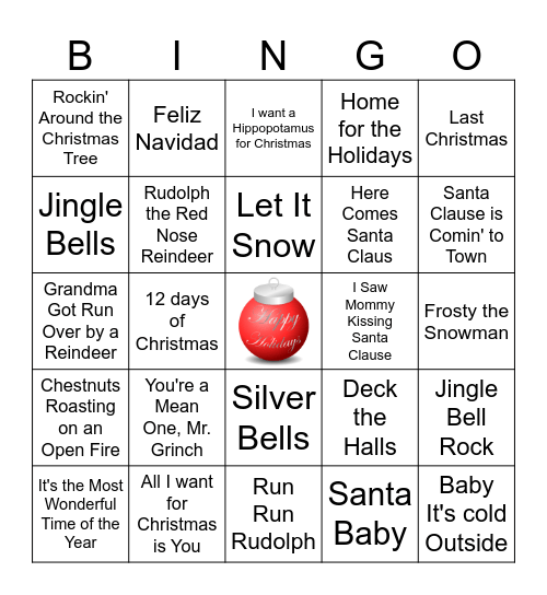 Holiday Song Bingo Card