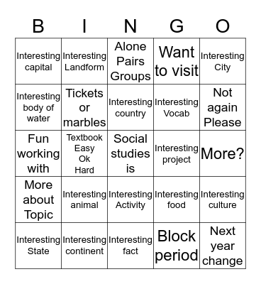 7th Grade Bingo Card