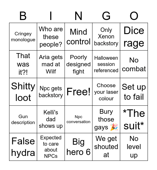 Finale Bingo Card