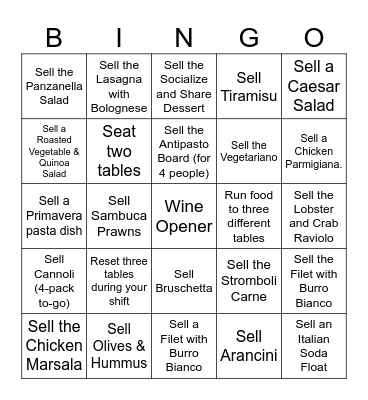 Italian Table Bingo Card