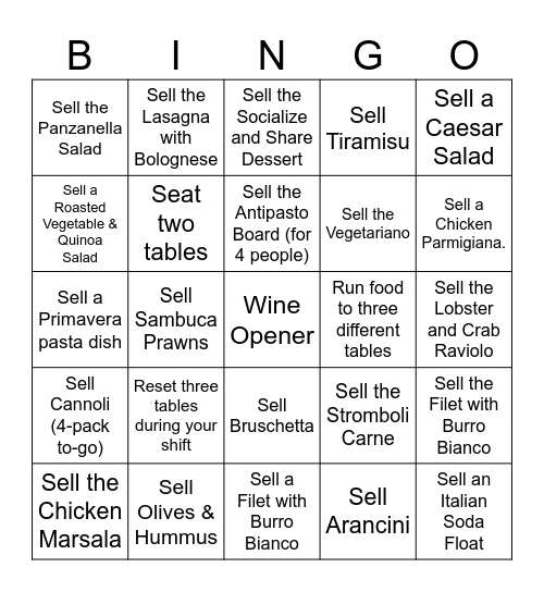 Italian Table Bingo Card