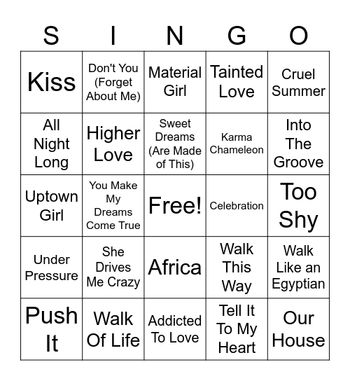 80s SINGO! Thursdays 7-10pm Bingo Card