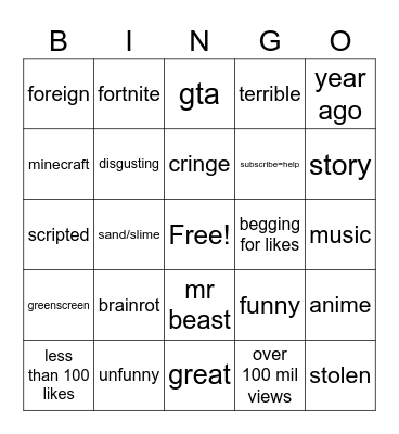 Youtube shorts bingo Card