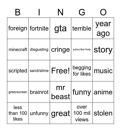 Youtube shorts bingo Card