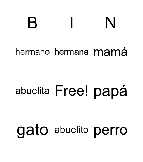 Mi Familia Bingo Card