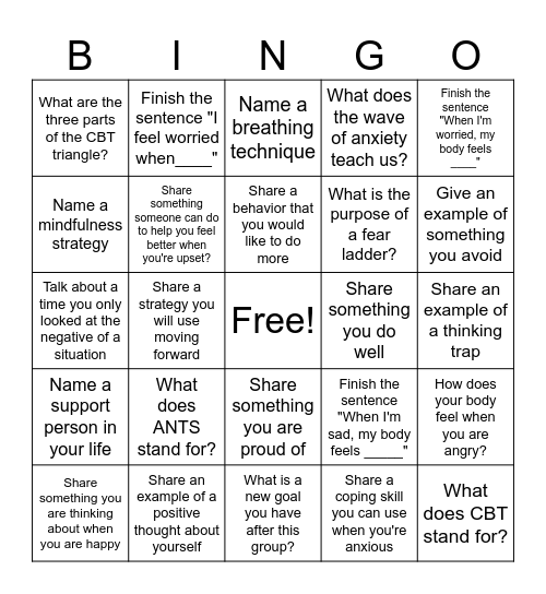 Cognitive Behavioral Therapy BINGO Card