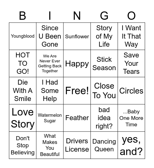 Musical Bingo Card