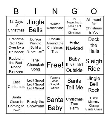 Holiday Songs Bingo Card