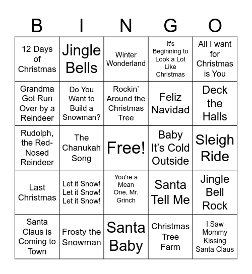 Holiday Songs Bingo Card