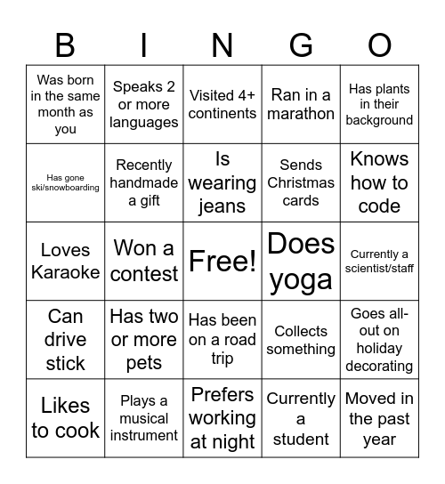 RRI Holiday Party Icebreaker Bingo Card