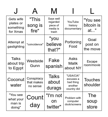 Jamil Bingo Card