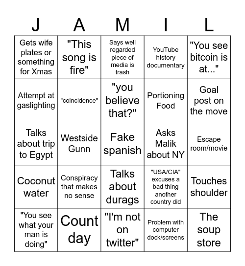 Jamil Bingo Card