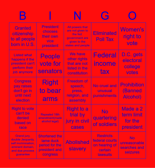 Red White and Amendment Bingo Card