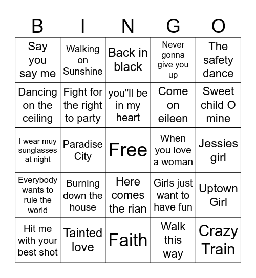 80s Theme Bingo Card