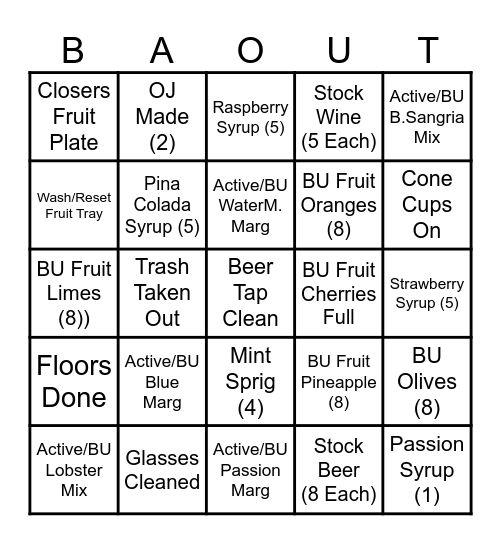 BlackOut Bar Bingo - BU = Backup Bingo Card