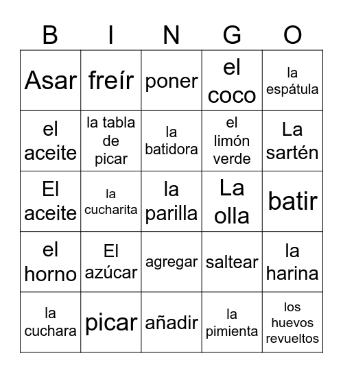 en la cocina Bingo Card