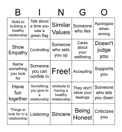 Relationship Bingo Card