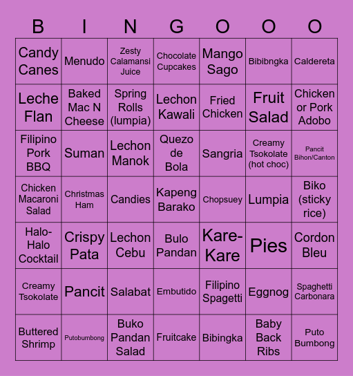 Christmas Food Bingo Card