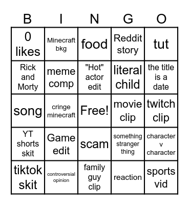 YT shorts bingo Card