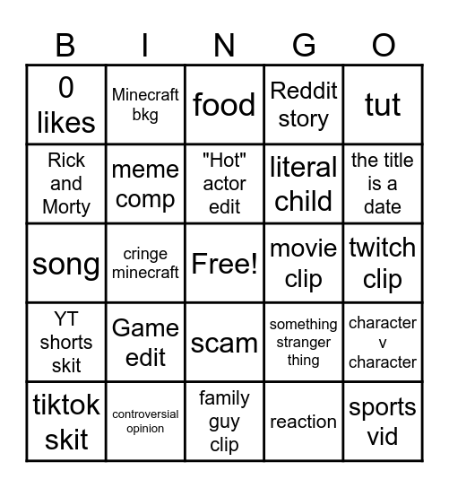 YT shorts bingo Card