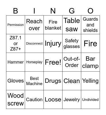 Shop Safety Test Bingo Card