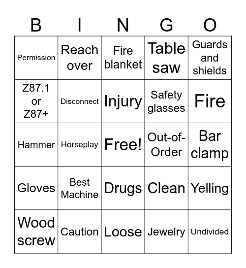 Shop Safety Test Bingo Card