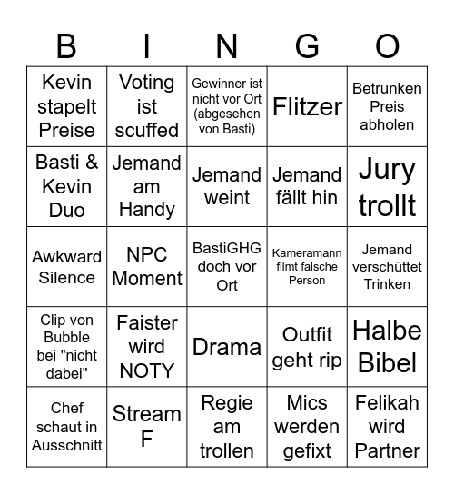 StreamAwards Bingo Card