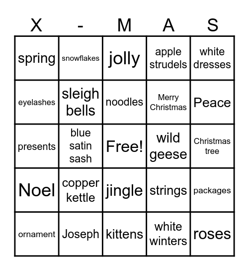 Favorite Things Bingo Card