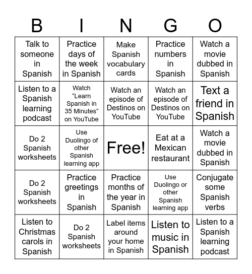 Spanish Homework Bingo Card