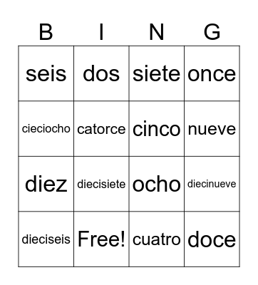 numeros Bingo Card