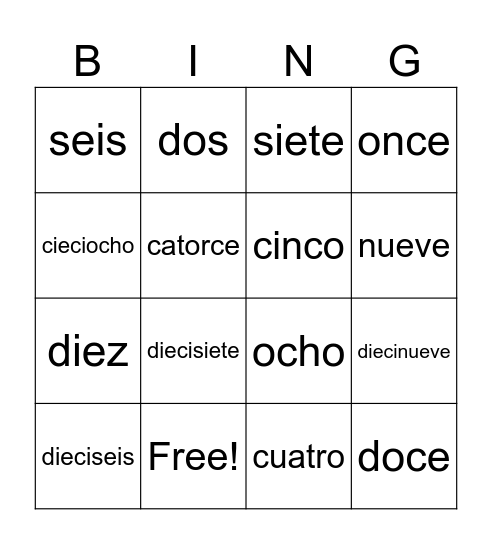 numeros Bingo Card