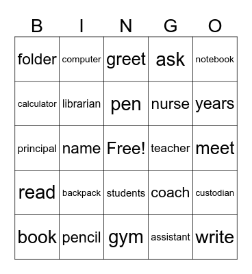 English Vocab Bingo Card