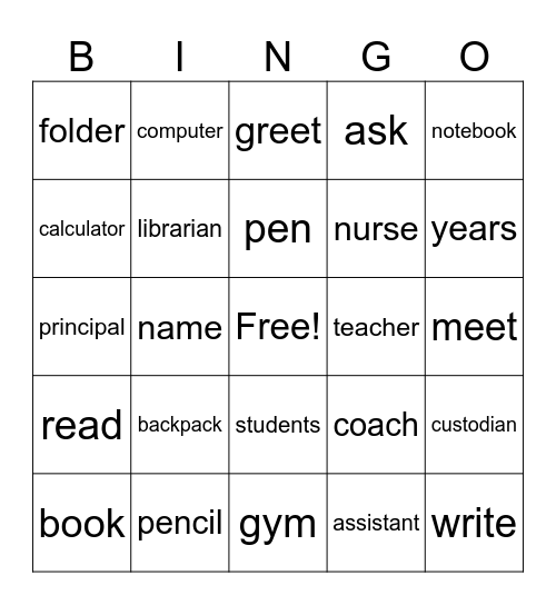 English Vocab Bingo Card