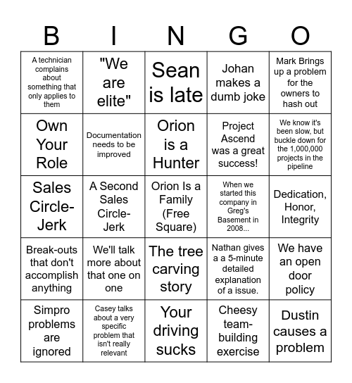 Company Meeting 2.0 Bingo Card