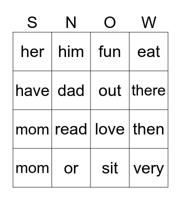 SNOW Bingo Sight Words Bingo Card