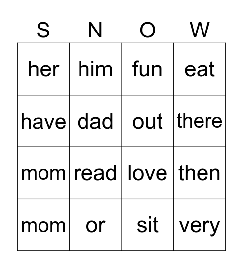 SNOW Bingo Sight Words Bingo Card