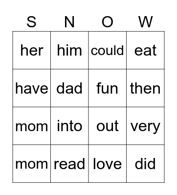 SNOW Bingo Sight Words Bingo Card