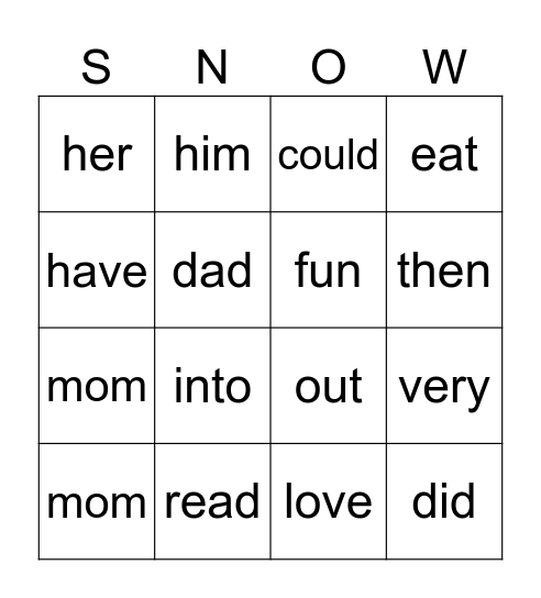 SNOW Bingo Sight Words Bingo Card