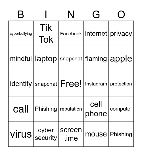 Technology Safety Bingo Card