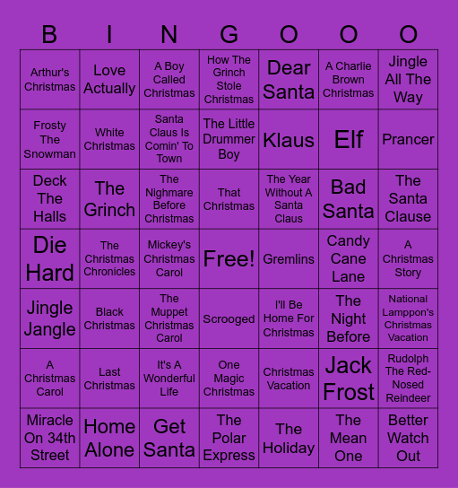 Christmas Movies Bingo Card