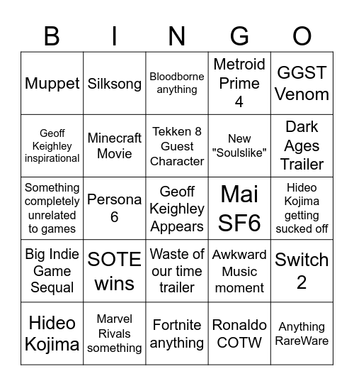 Game Awards 2024 Bingo Card