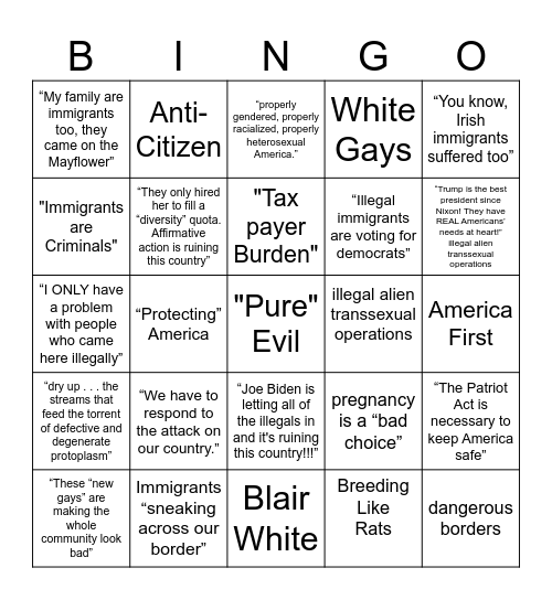 B(ush) I(llegal) N(ativist) G(ay) O(my god) Bingo Card